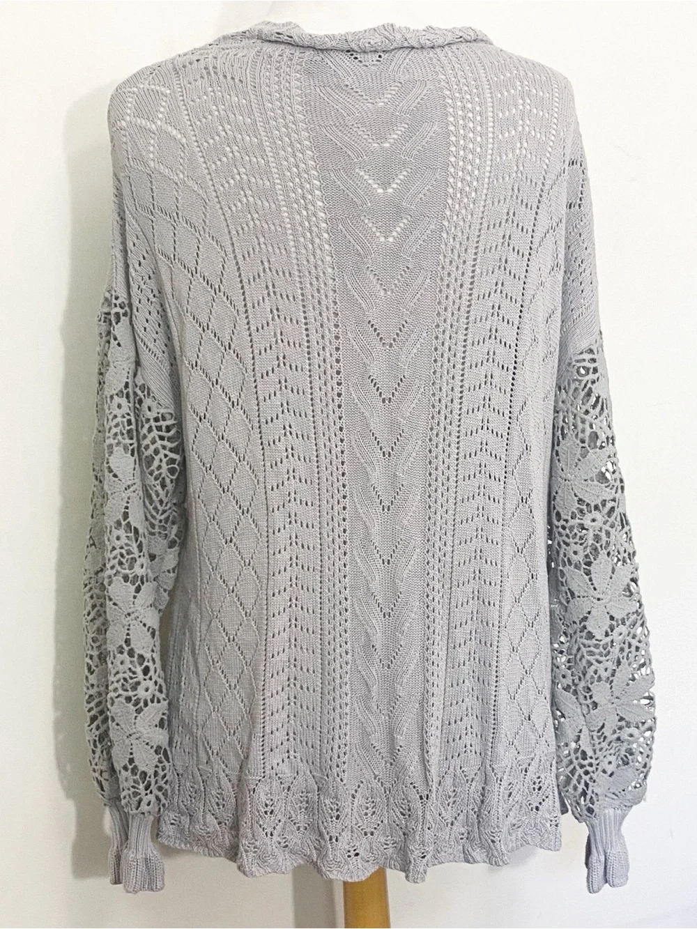 Meetrendi Women's Slouchy Light Gray Crochet Long Sleeve Viscose Knit Sweater L